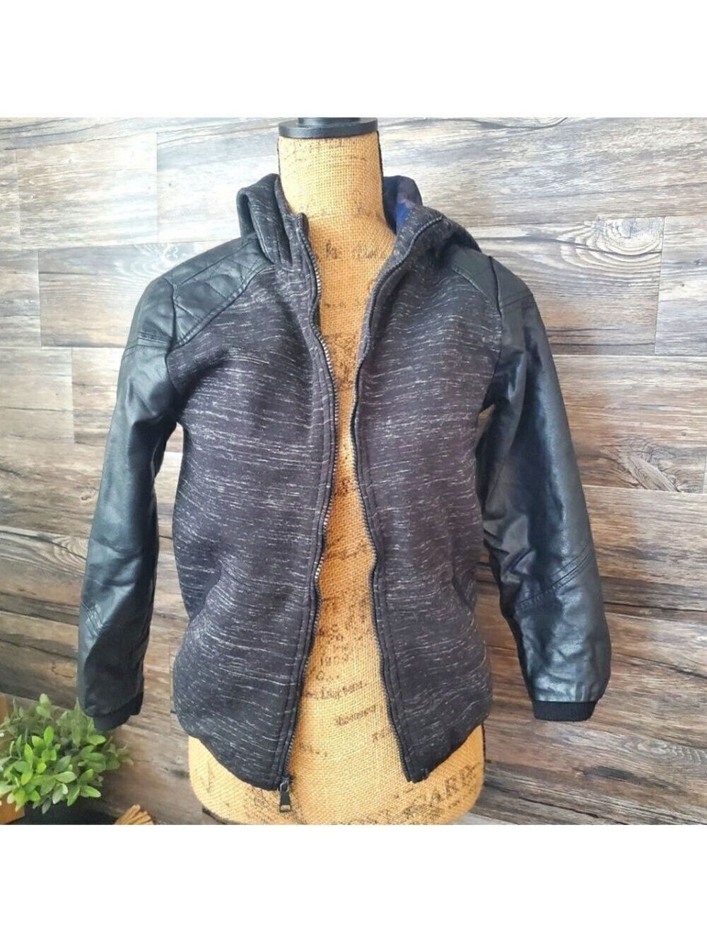 Urban Republic Boys Gray Faux Leather Sleeves Hooded Jacket 10 12